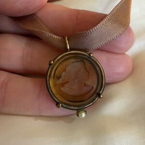 RARE Vintage Extasia Carved Inverted Cameo with Brown Ribbon and Maker Mark